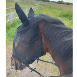 Maska przeciwowadowa dla konia z uszami i frędzlami, czarny, Covalliero